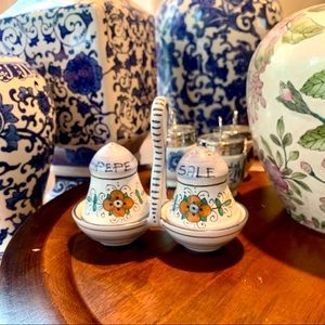 Salt & Pepper Hand Painted In Italy With Holder